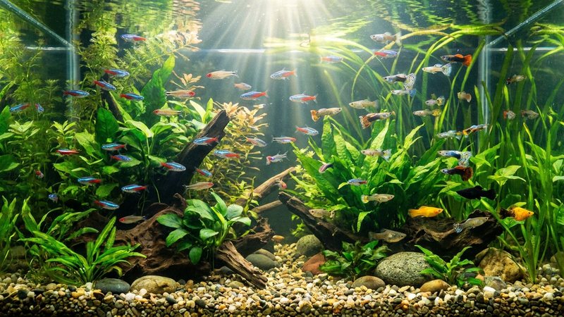 un acuario comunitario sano con tetras, guppys y mollys de colores vivos nadando entre plantas verdes y agua cristalina