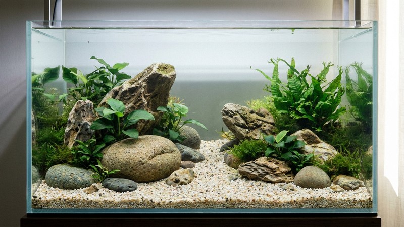 rocas naturales y un fondo de grava clara dentro de un acuario de agua cristalina, con algunas plantas verdes, todo en reposo