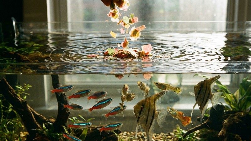 escamas de comida para peces cayendo suavemente sobre la superficie del agua de un acuario limpio, con peces esperando debajo