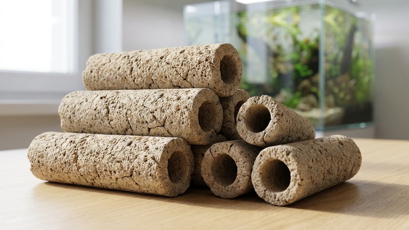 material filtrante poroso de cerámica en forma de canutillos apilados en reposo sobre una mesa clara, junto a un acuario cristalino desenfocado al fondo