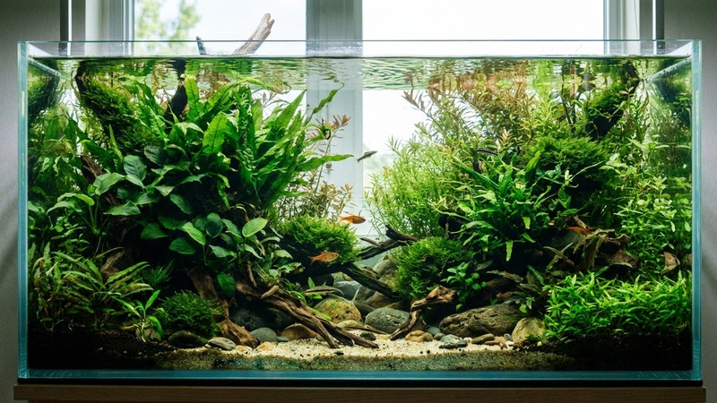un acuario muy plantado, lleno de vegetación verde frondosa y con pocos peces, agua cristalina y aspecto natural y equilibrado
