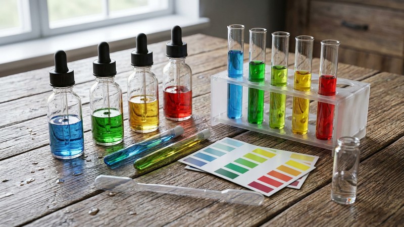 un kit completo de test de agua para acuario con varios frascos de reactivo y tubos de ensayo de colores ordenados sobre una mesa de madera