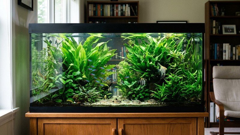 un acuario de agua dulce establecido y saludable visto de frente en una sala tranquila, con agua cristalina, plantas verdes y peces vivos en calma