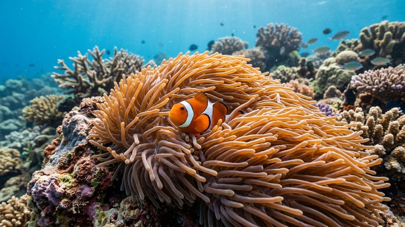 un pez payaso naranja acurrucado entre los tentáculos de una gran anémona de mar, escena serena de simbiosis, agua transparente