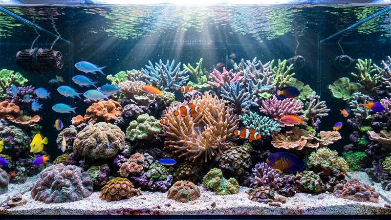 un acuario de arrecife colorido lleno de corales vivos, peces payaso entre ellos, agua limpia y luz que atraviesa el agua