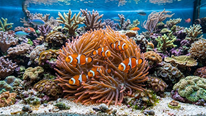 varios peces payaso naranjas reunidos sobre un coral grande en un acuario de arrecife, agua cristalina y ambiente vivo