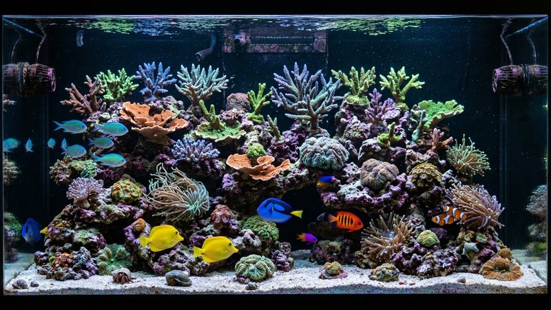 un acuario marino con abundante roca viva y escondites, corales sanos y agua transparente, ambiente de arrecife equilibrado