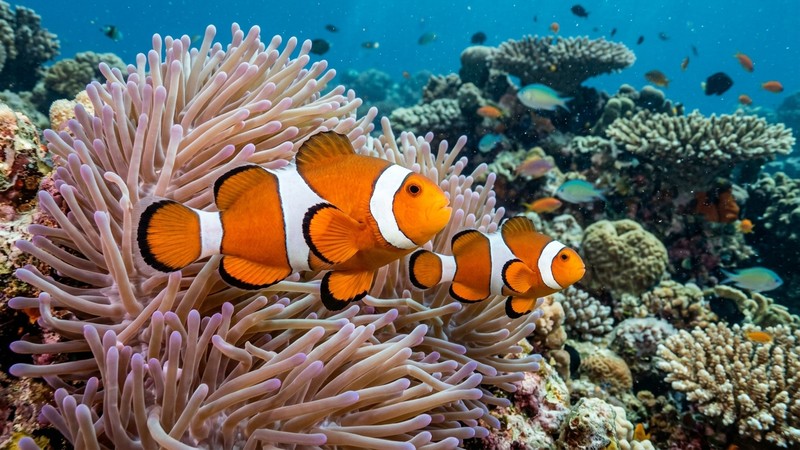 una pareja de peces payaso, uno más grande y otro más pequeño, nadando juntos junto a su anémona, colores vivos y realistas