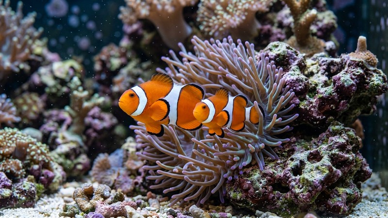 dos peces payaso nadando muy juntos defendiendo su rincón del acuario junto a una anémona, escena tierna y natural, agua cristalina