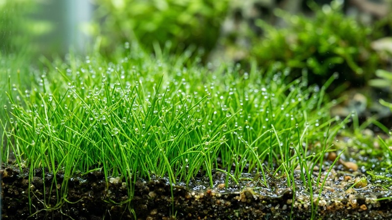 un primer plano de briznas finas y verticales de Eleocharis acicularis mini, cortas y muy pegadas al sustrato formando un césped raso de verde intenso, gotas de agua sobre las puntas