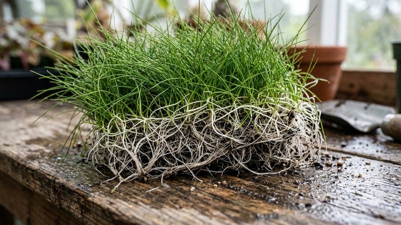 un macizo de Eleocharis recién sacado de su maceta apoyado sobre una mesa húmeda, mostrando las briznas verdes por arriba y una maraña de estolones y raicillas blancas por abajo, sin manos