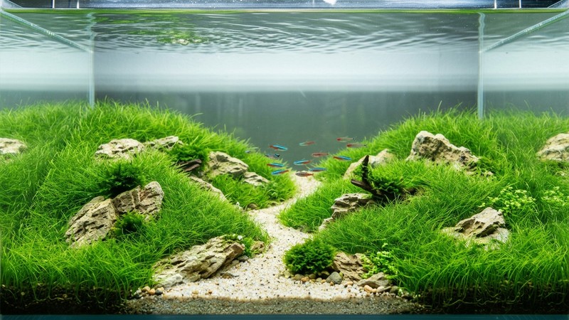 un paisaje de acuascaping tipo pradera con lomas cubiertas de césped de Eleocharis ondulando bajo el agua, rocas claras y un valle verde en miniatura, agua transparente