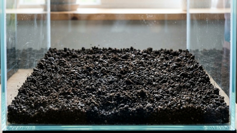 un sustrato nutritivo de grano fino y oscuro extendido en el fondo vacío de un acuario de cristal, textura porosa y suelta lista para plantar, sin agua todavía