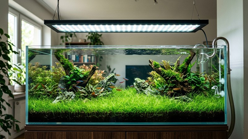 una pantalla de iluminación led de calidad suspendida sobre un acuario plantado, con la luz cayendo intensa sobre una pradera verde de pelo de agua bien tapizada