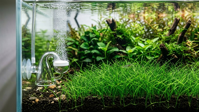 un difusor de CO2 dentro de un acuario plantado soltando finas burbujas junto a un césped denso de Eleocharis de verde intenso, agua cristalina