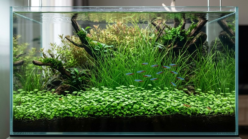 un acuario plantado que combina una alfombra plana de hojitas redondas verdes en primer plano y un pasto vertical de briznas de Eleocharis detrás, mostrando el contraste de texturas, agua limpia y transparente