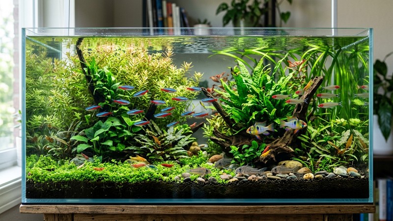 un acuario plantado sano y equilibrado de agua totalmente cristalina, con peces de colores vivos nadando tranquilos entre plantas verdes
