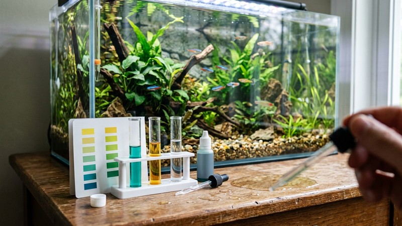 un kit de test de pH para acuario con varios tubos de ensayo en reposo mostrando colores de la escala, apoyados en una mesa junto a un acuario cristalino al fondo