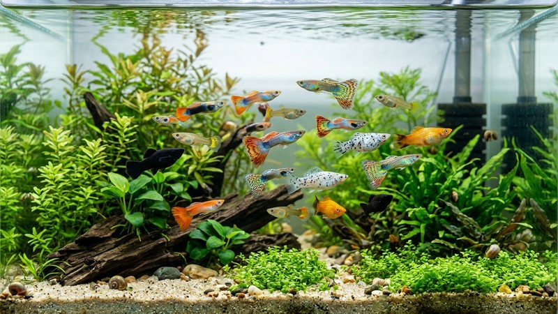 un grupo de guppys y mollys de colores brillantes y sanos nadando en un acuario limpio y bien plantado de agua transparente