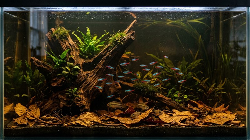 un acuario de aguas negras con el agua tenida de color ambar por los taninos, hojas secas de almendro en el fondo y un tronco de madera, ambiente tipo rio amazonico