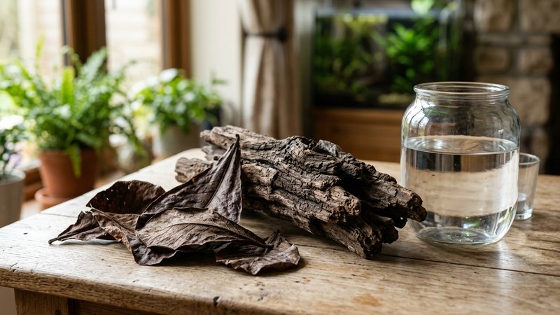 varias hojas secas de almendro indio y un tronco de madera de acuario en reposo sobre una mesa clara, junto a un frasco de agua transparente