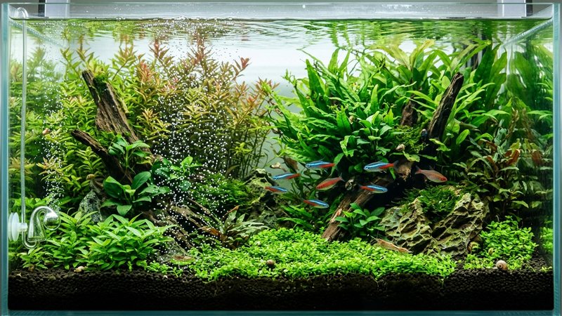 un exuberante acuario plantado con burbujas finas de CO2 subiendo entre plantas verdes muy sanas en agua cristalina