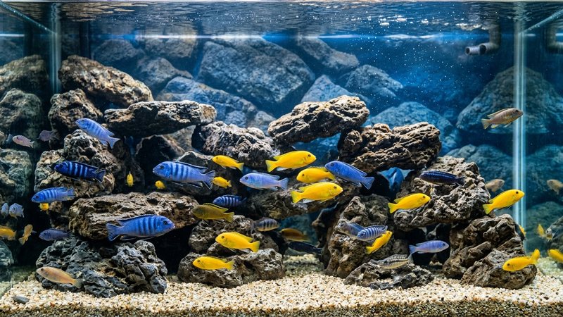 un acuario de ciclidos africanos del lago Malawi con rocas apiladas, peces azules y amarillos vivos y agua muy clara