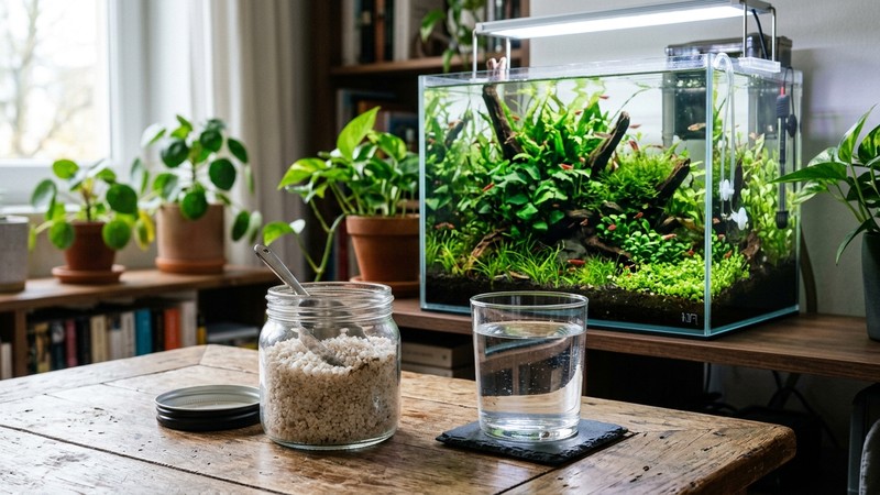 un bote abierto de sales minerales de remineralizacion en reposo junto a un vaso de agua limpia y un nano acuario plantado al fondo