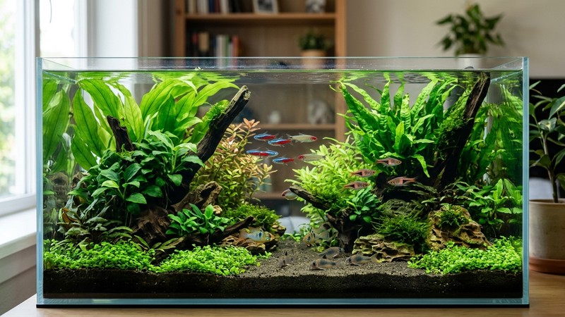 un acuario maduro y sereno de agua perfectamente cristalina con peces sanos y plantas verdes bien establecidas, ambiente estable y equilibrado