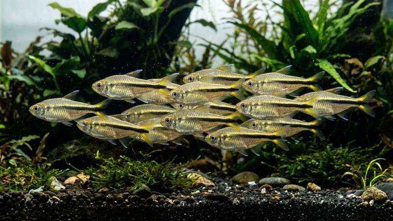 un grupo de tetras pingüino nadando juntos con sus bandas negras paralelas alineadas, sobre un sustrato oscuro que resalta el brillo plateado-dorado de sus cuerpos, agua limpísima