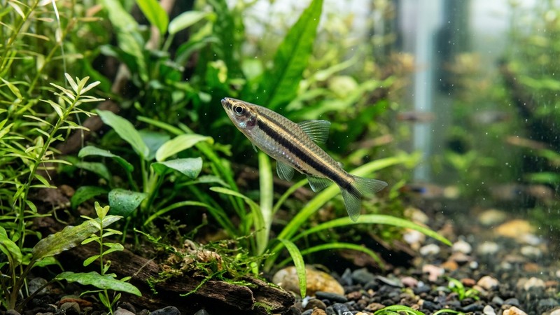 un tetra pingüino captado en plena postura diagonal característica, cuerpo claramente inclinado con la cabeza arriba y la cola baja, nadando firme entre plantas verdes de un acuario sano