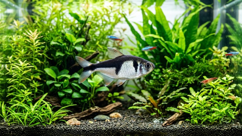 un tetra pingüino sano y vigoroso nadando con equilibrio en un acuario plantado luminoso, aletas enteras y colores vivos, agua cristalina y plantas verdes de fondo