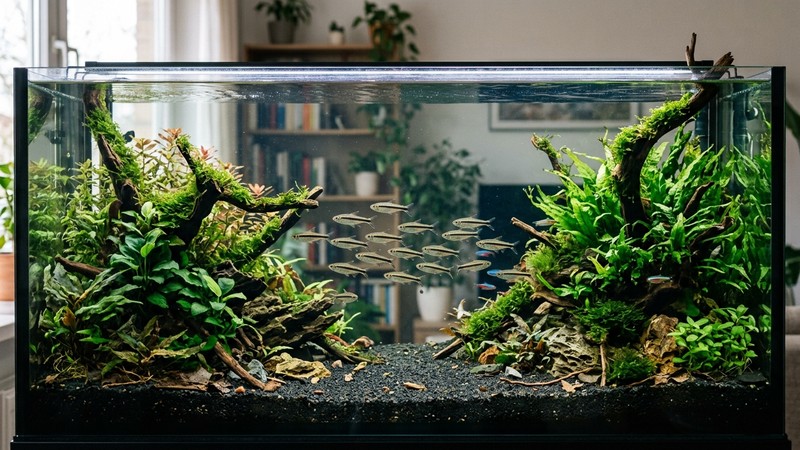 un acuario comunitario tropical de tamaño medio con sustrato oscuro, plantas densas en los laterales y un amplio espacio abierto en el centro, con tetras pingüino recorriéndolo