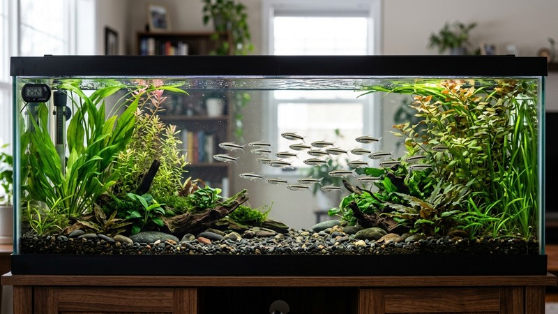 un acuario alargado con abundante espacio de nado horizontal, plantas altas en los extremos, un termómetro y un calentador discretos, y un cardumen de tetras pingüino cruzando el centro