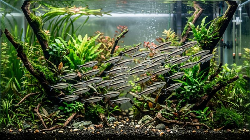 un cardumen numeroso de más de ocho tetras pingüino nadando juntos y coordinados en un acuario plantado espacioso, movimiento fluido y armónico, agua transparente
