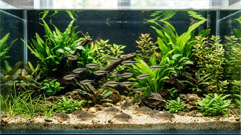 un acuario comunitario armónico con tetras pingüino y corydoras conviviendo, peces de tamaño similar y ritmo parejo entre plantas verdes y agua cristalina