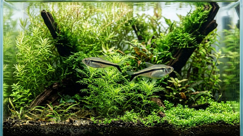 un acuario de cría plantado con plantas de hoja fina y agua muy limpia, donde una pareja de tetras pingüino nada entre la vegetación con las hembras de vientre más redondeado