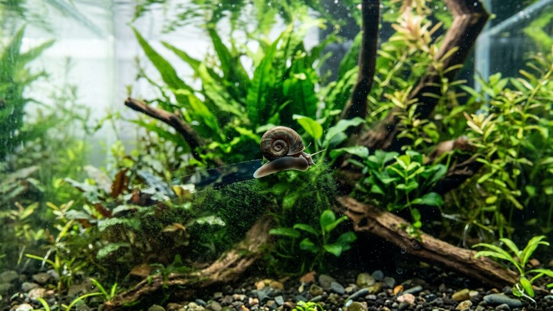 un caracol Planorbis raspando algas verdes adheridas al cristal de un acuario, con la superficie limpia detrás de su recorrido, agua cristalina y plantas al fondo