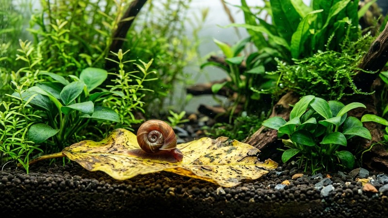 un caracol cuerno de carnero sobre una hoja vieja amarillenta en descomposición al fondo de un acuario plantado, mientras las plantas sanas alrededor lucen verdes y firmes, agua limpia