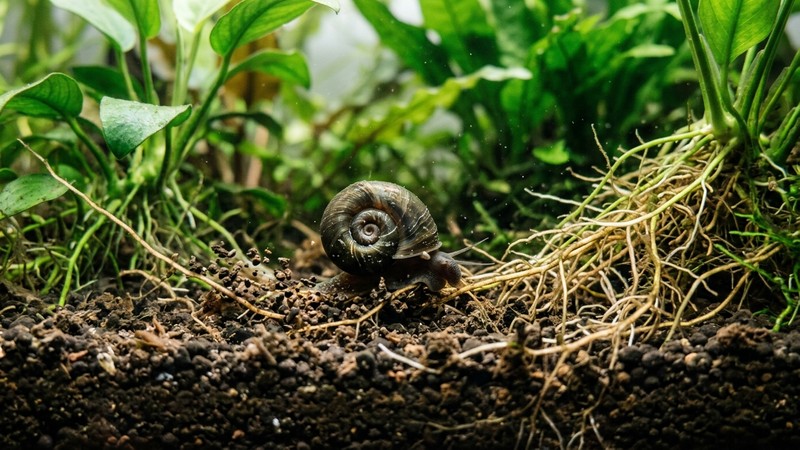 un pequeño caracol Planorbis sobre un sustrato oscuro de acuario plantado entre raíces de plantas, con granos de sustrato removidos a su alrededor, agua cristalina