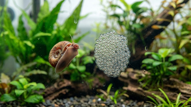 un racimo gelatinoso y transparente de huevos de caracol adherido al cristal de un acuario, con un caracol cuerno de carnero adulto cerca, agua limpia y plantas verdes desenfocadas al fondo