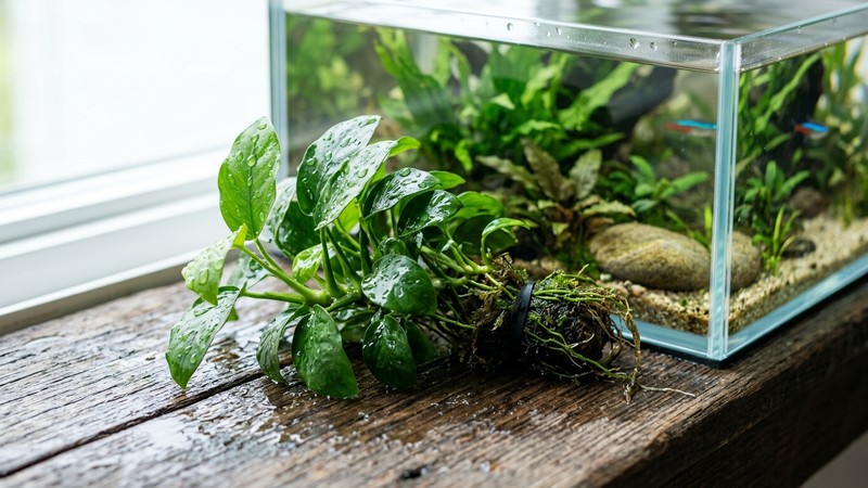 una planta acuática recién comprada con las hojas verdes limpias apoyada junto al borde de un acuario cristalino, gotas de agua sobre las hojas, en reposo sin manos