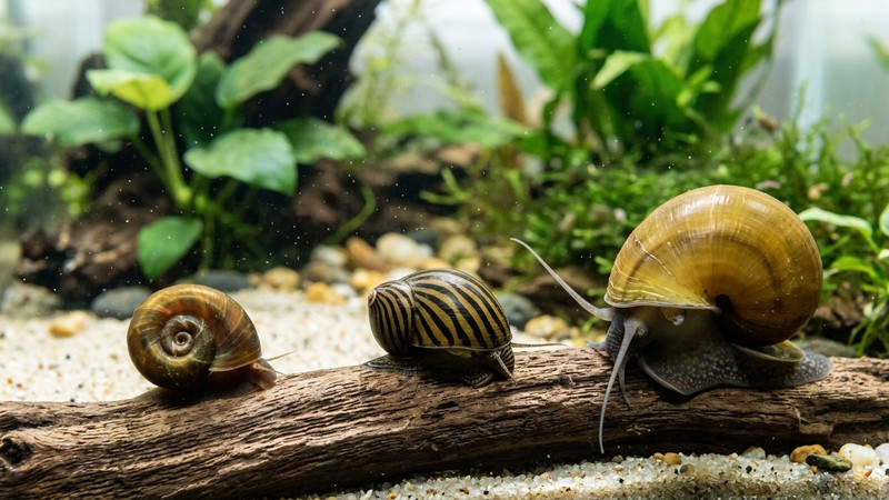 tres caracoles distintos sobre una superficie clara dentro de un acuario, un caracol cuerno de carnero de espiral plana, una nerita de concha rayada y un gran caracol manzana redondeado, mostrando la diferencia de tamaño, agua cristalina