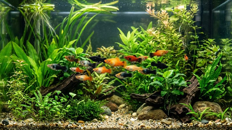 un grupo de pequeños peces platy nadando juntos con soltura en un acuario amplio con plantas verdes