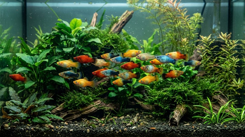 un cardumen de peces platy de varios colores nadando en grupo entre plantas frondosas