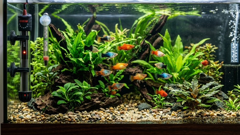 un acuario tropical templado con calentador y termómetro, con peces platy nadando en agua clara