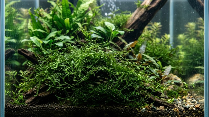 un acuario densamente plantado con musgo de Java y pequeñas crías de pez escondidas entre las hojas