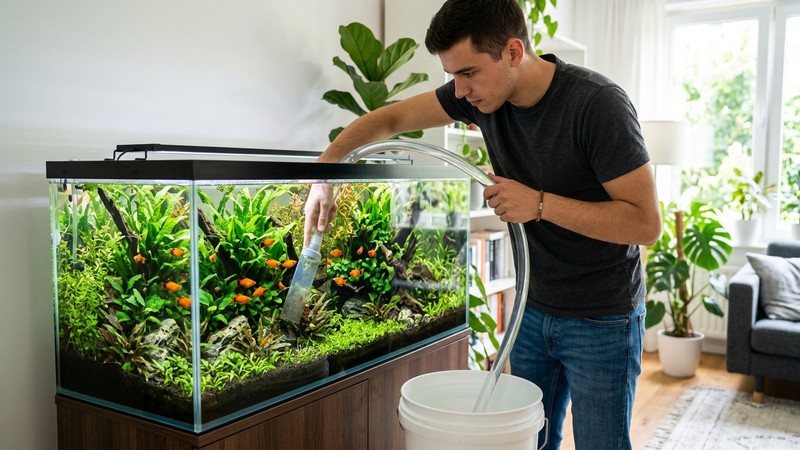 una mano haciendo un cambio de agua parcial con un sifón en un acuario de peces platy sano