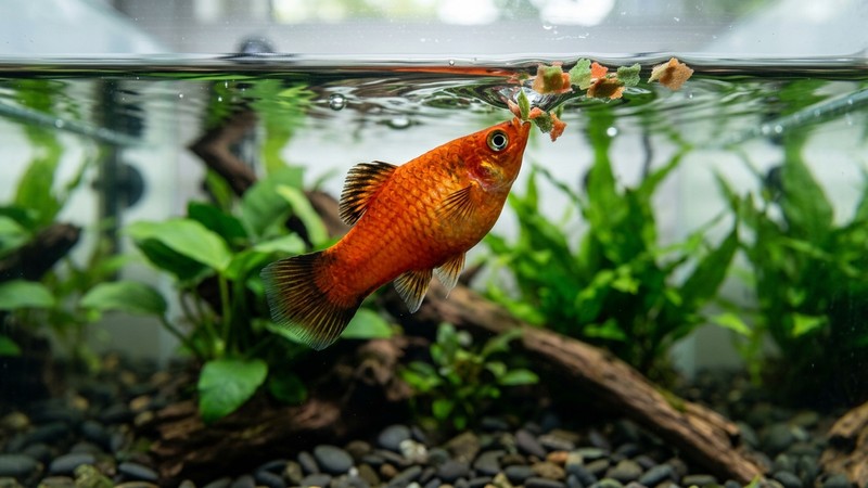 un pez platy picoteando escamas de alimento vegetal en la superficie de un acuario limpio