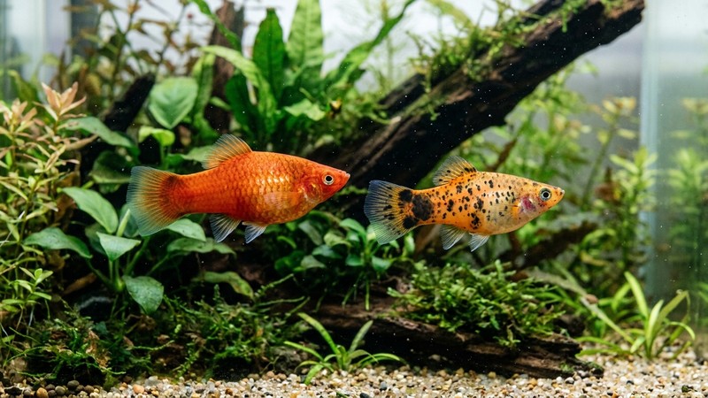 dos peces platy de variedades distintas, uno rojo coral y otro con manchas negras tipo mickey mouse, nadando juntos